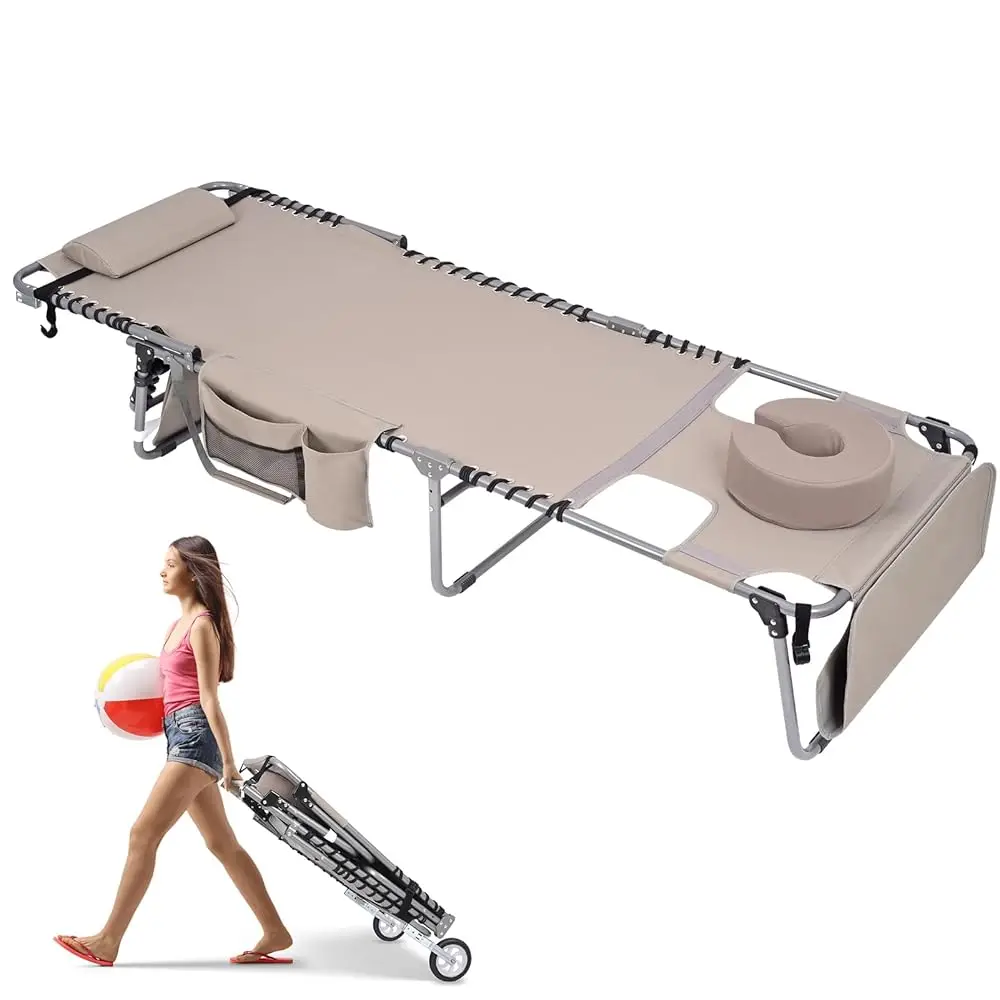 

Wheel-2-Go Oversized Heavy Duty Tanning Chair With Padded Face Hole Adjustable Folding Chaise Lounge Chairs For Outside Lay