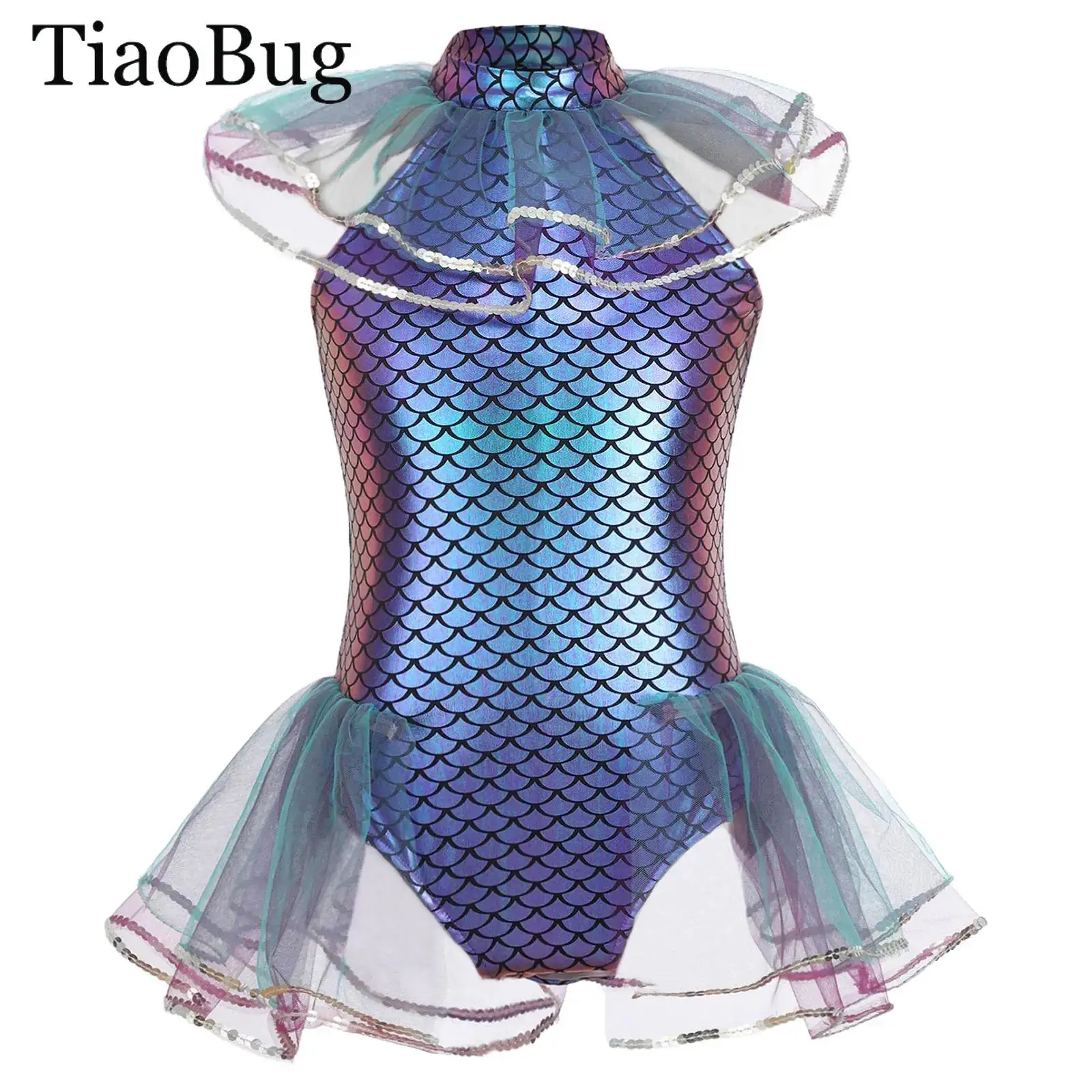 

Girls Halloween Mermaid Cosplay Jumpsuit Gymnastics Leotard Ballet Tutu Dress Fish Scales Metallic Sequin Bodysuit +Arm Sleeves