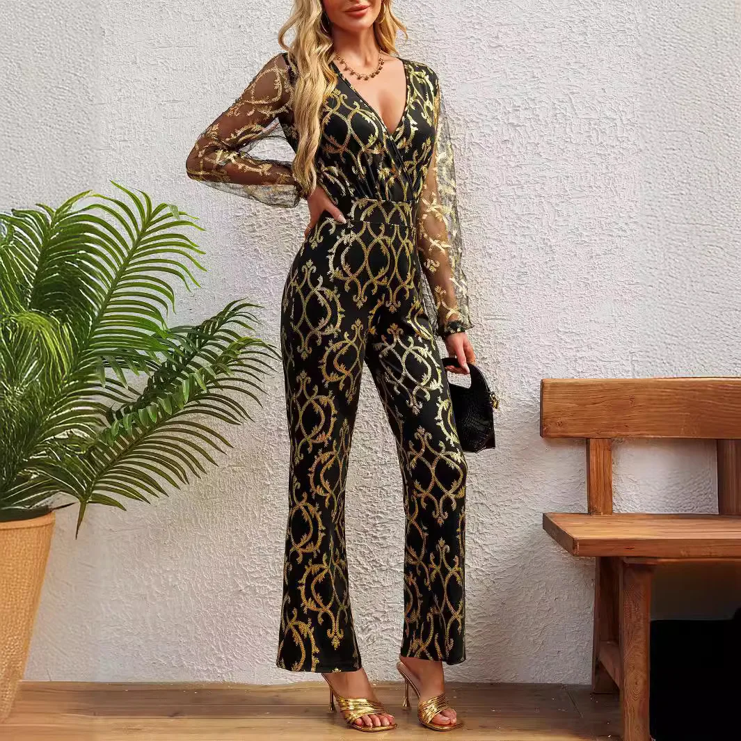 女性用シルバーホットスタンピングジャンプスーツ,イブニングドレス,スリムフィット,カジュアルな通勤服,ファッショナブル,新しい