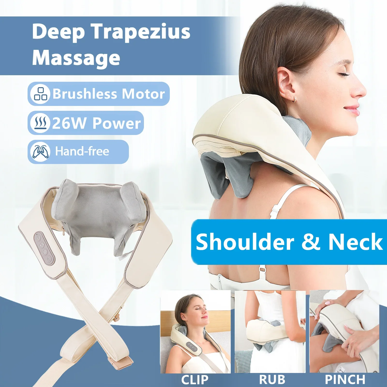 

Brushless Motor Wireless Neck Massager 3D Kneading Shiatsu Shoulder Back Massager Deep Tissue Pain Relief for Home Office Car