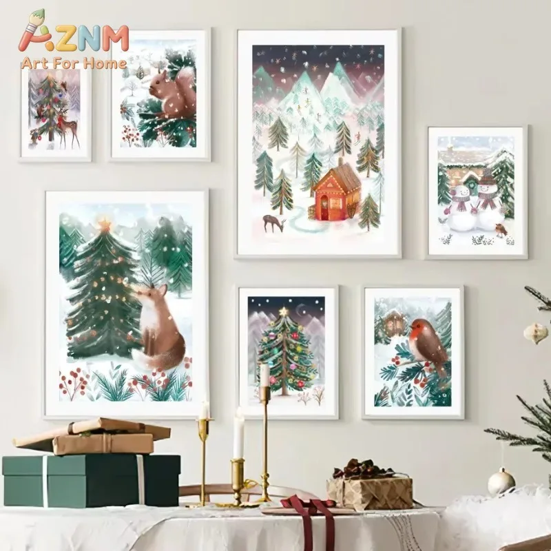 Cute Winter Christmas Canvas Wall Art Fox Squirrel Snowman Tree Mountain Poster Unframed Canvas Painting for Kids Room Holiday