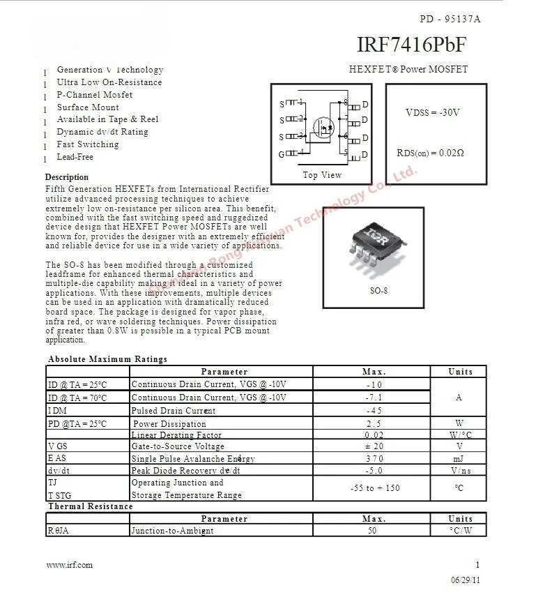 20Pcs/lot IRF7416TRPBF IRF7416 IRF7416TR IRF7416PBF F7416 SOP-8 HEXFET® Power MOSFET-P -30V/-10A 0.02Ω.100% New Original