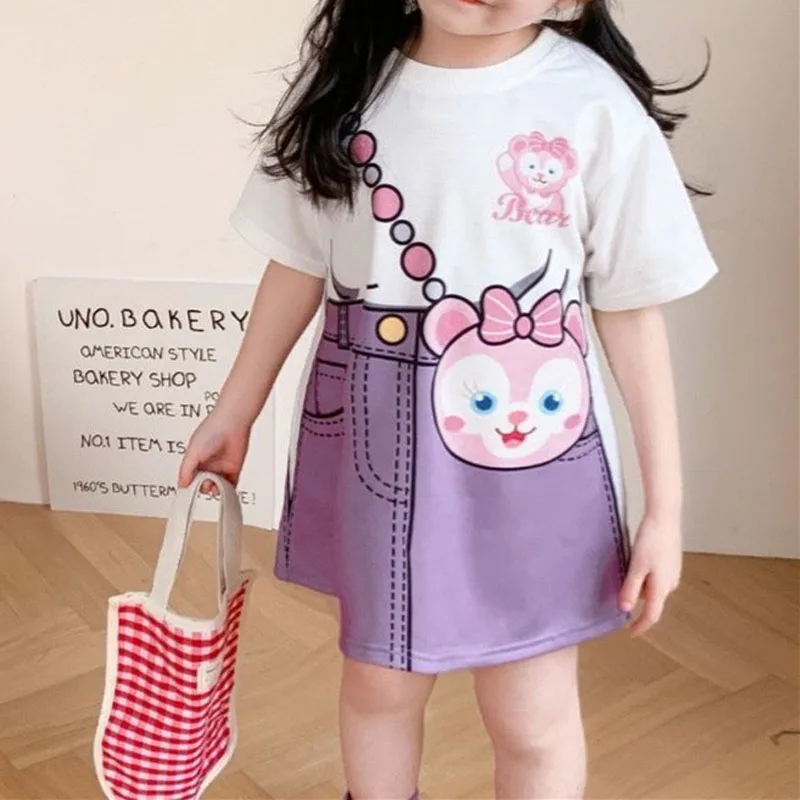 Girls Summer New Dress T-shirt Dress Fake Two Short Sleeves Medium Length Cute Cartoon Children's Skirt