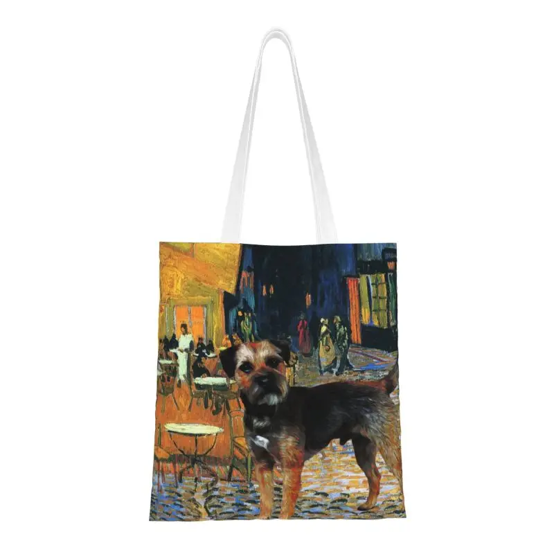 Border Terrier-Bolso de mano de lona para mujer, bolsa de hombro para compras de comestibles, arte, café, terraza en la noche, perro Van Gogh