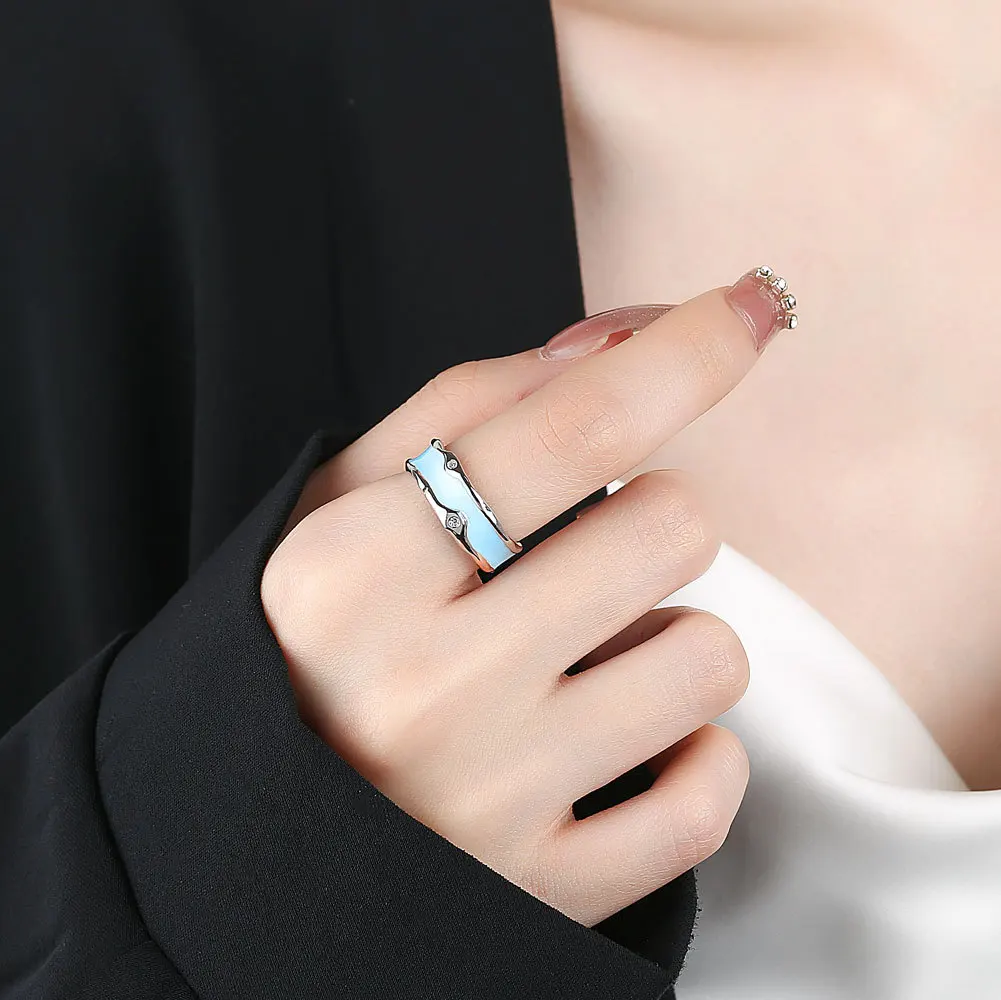 BFCLUB cincin pesta hadiah ulang tahun wanita, perhiasan jari dapat disesuaikan warna perak Desain unik biru untuk wanita