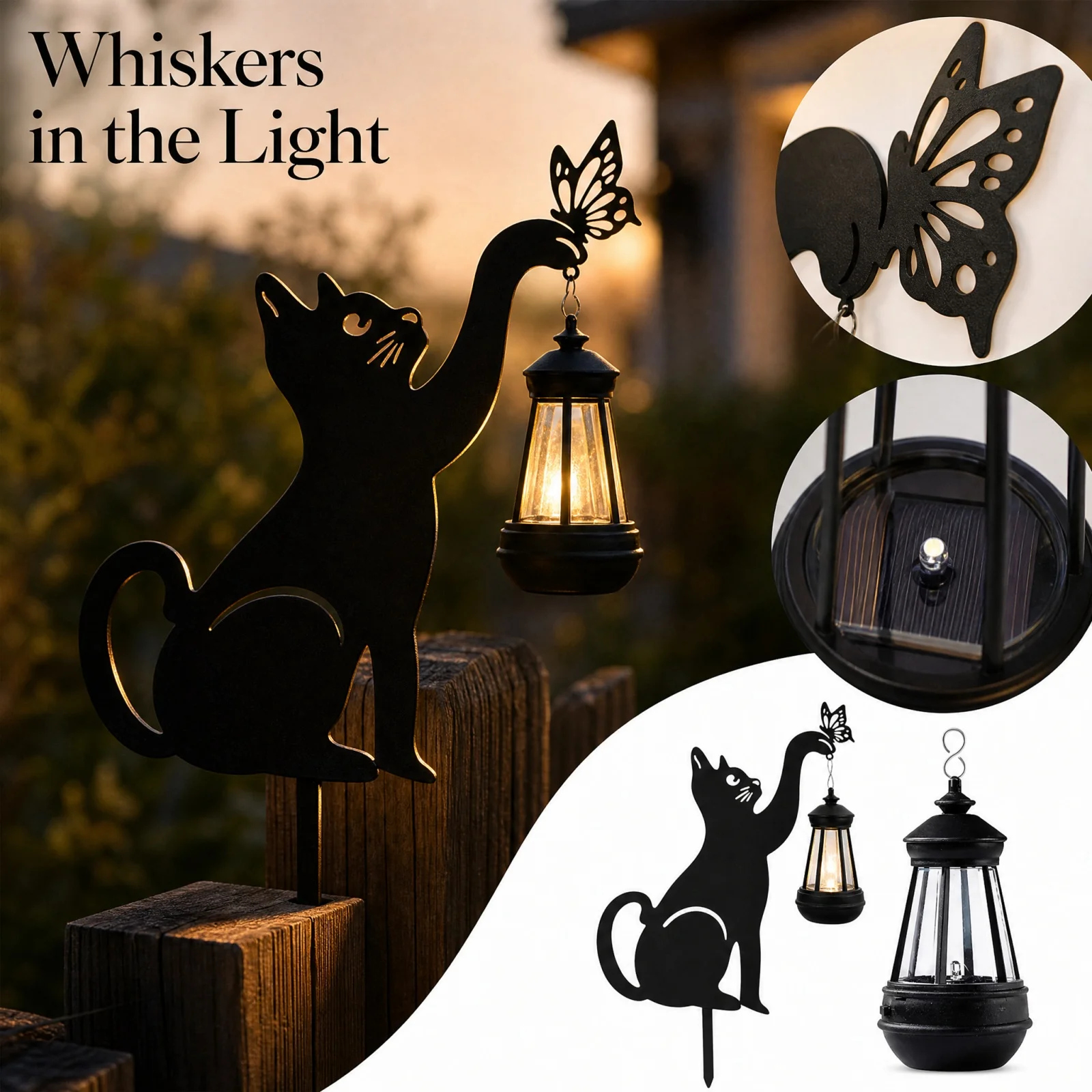 Metal Iron Black Silhouette Cats Lamp Outdoor Garden Solar Light, Outdoor Waterproof Solar Garden Lights for Lawn Yard Decor