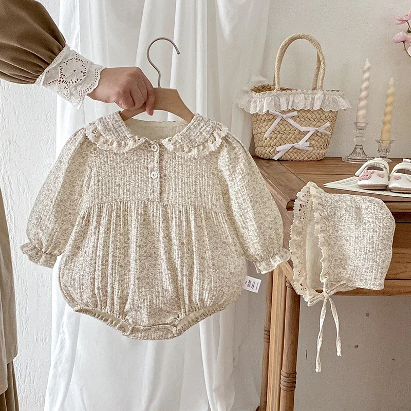 

2025 New Autumn Toddler Baby Girl Romper+Hat Long Sleeved Cotton Print Infant Baby Girls Jumpsuit 0-24M Baby Girl Clothing