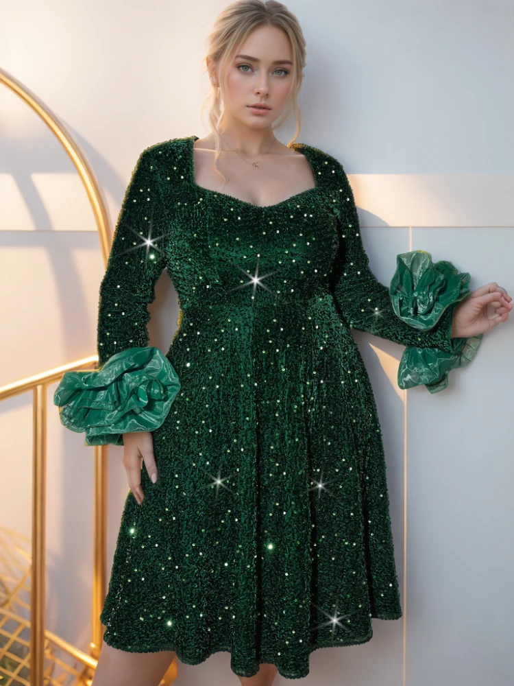 Women Green Glitter Retro Velvet Evening Party Dress Long Sleeve Mesh Flower Patchwork Elegant A-Line Fall Winter Gown Plus Size