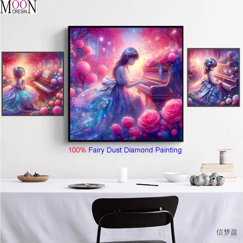 

100% Fairy Dust Square Diy Diamond Painting Cross Stitch Girl Playing Piano Flowers Embroidery Mosaic Decor Picture Rhinestones