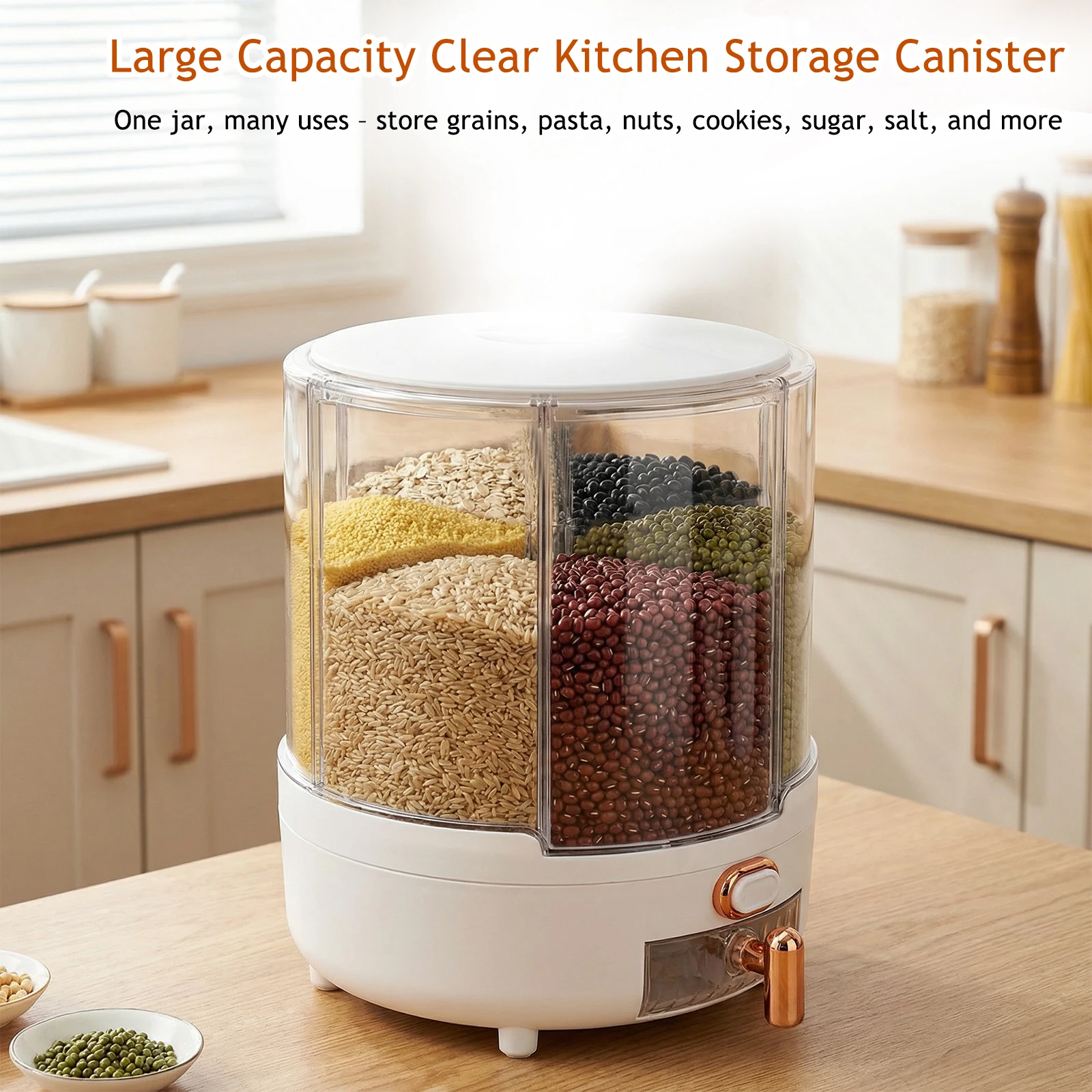 

360° Rotating 6-Grid Rice Dispenser, Airtight Grain Storage Container