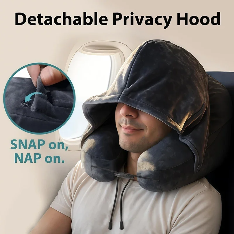 Hooded H-Shape Inflatable Neck Pillow Fast Inflate Portable Air Pillow for Plane Car Outdoor Travel Nap Long Trip Neck Rest