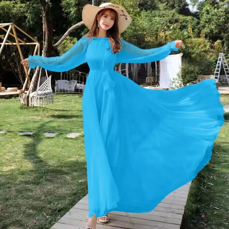 

2025 Women Chiffon Lace Up Dress Summer New Long Sleeved Fashion Bohemia Beach Resort Fairy Dresses Female Vestidos 11 Colors