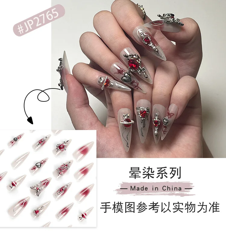 Y2K Nail Silver Heart Decoration Cool Girl Reusable False Nails Press On Long Fake Nails Stiletto Artificial Nails With Adhesive