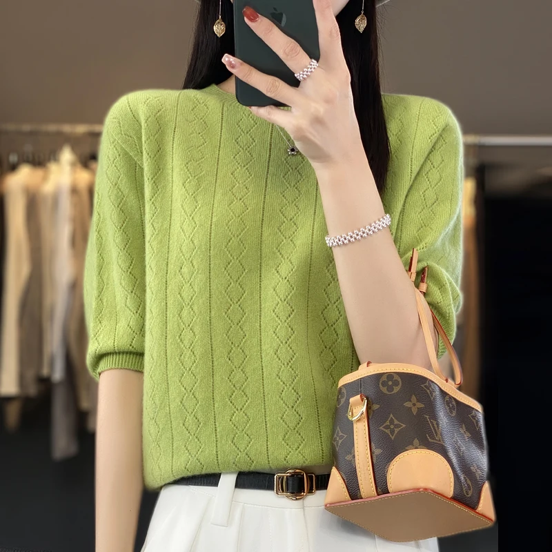 Spring and autumn new women\'s sweater cashmere knitted 100% pure merino wool solid color O-neck short sleeve T-shirt.