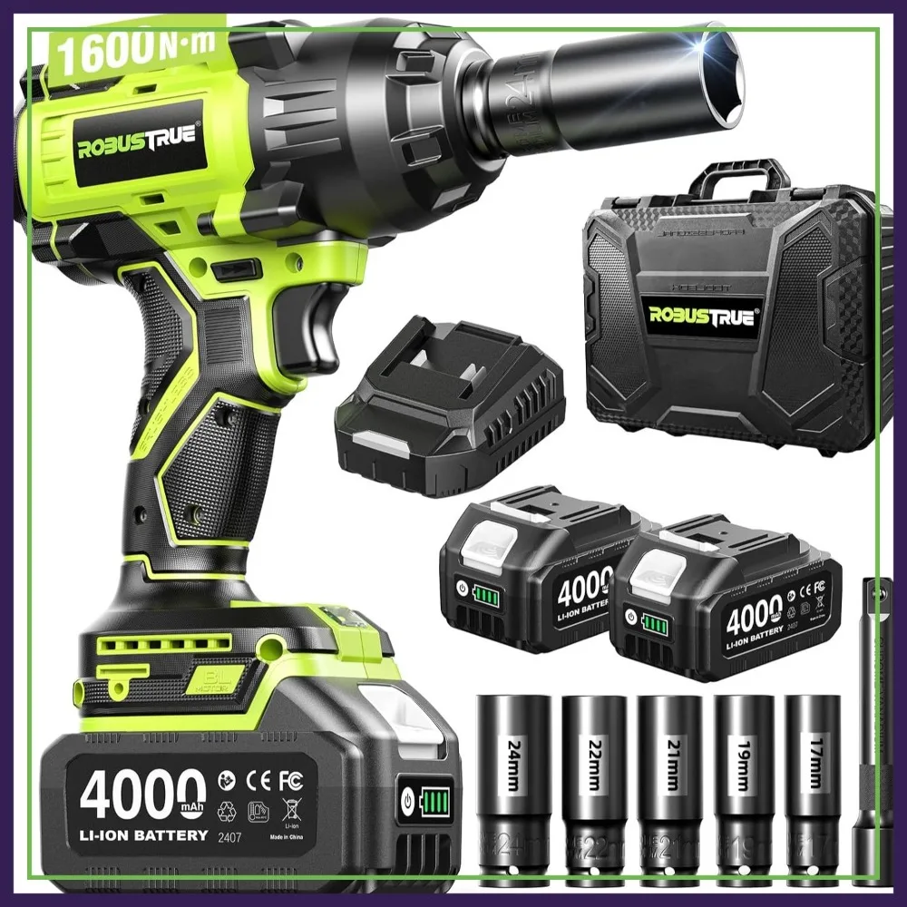 

1600N.m 1/2" Cordless Impact Wrench, Brushless, 2400RPM, 2x4.0Ah Batteries & Fast Charger, Heavy Duty for Truck RV