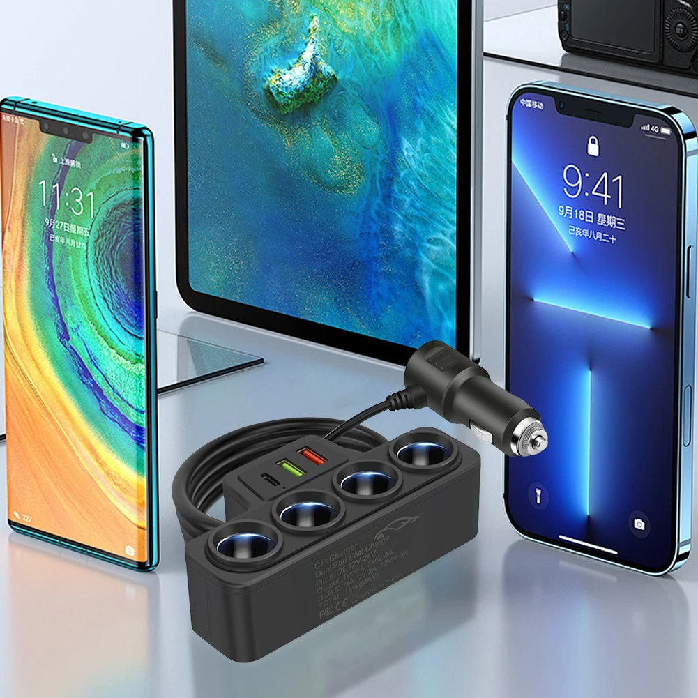 12V 24V Car Cigarette Lighter Splitter with 4 Outlets and 3 USB Ports Fast Charging QC3.0 PD3.1A  Phone Power Adapter