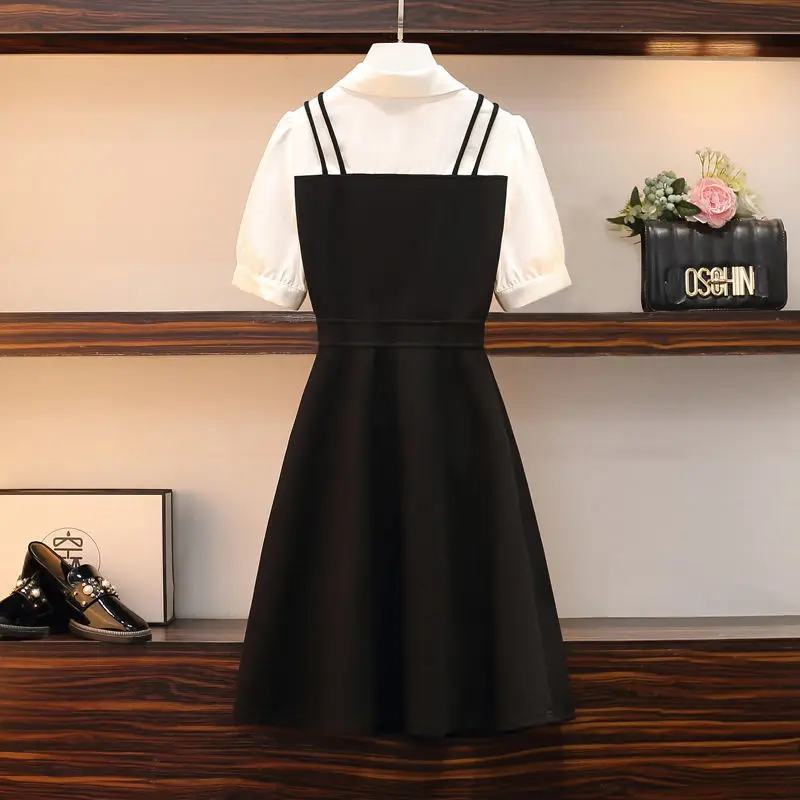 Summer Women\'s Mini Dress 2024 New Korean Fashion Patchwork Puff Sleeve Polo Collar Black A-Line Dresses Preppy Style Clothing