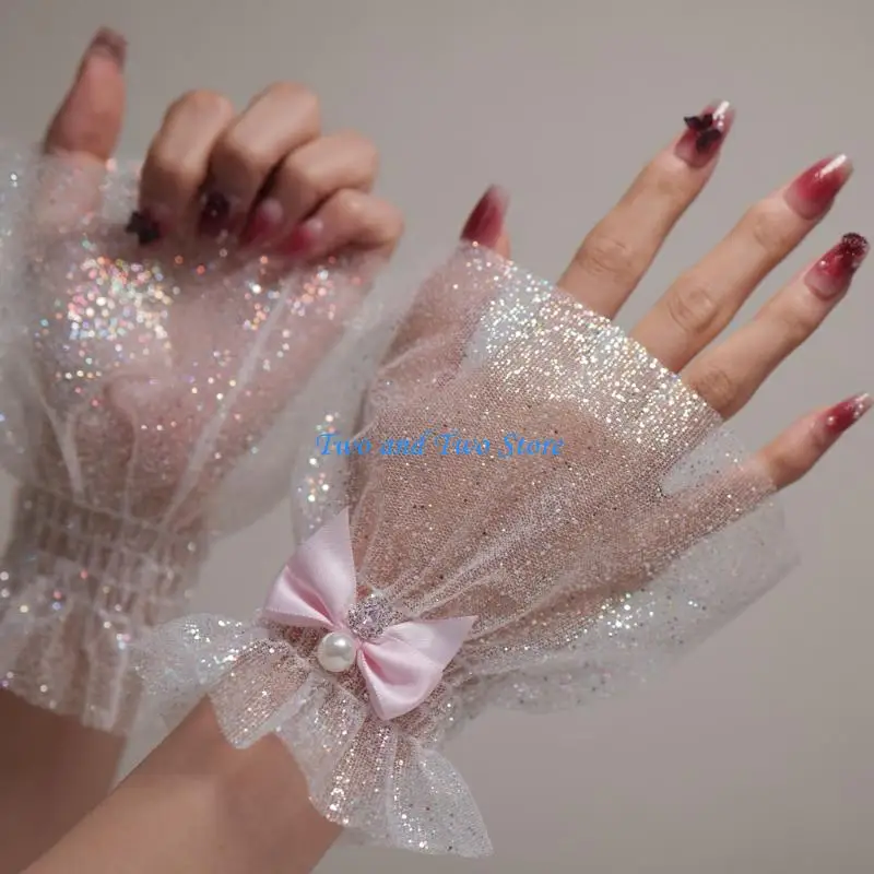 HX6F Bowknot Wrist Cuffs For Nails Photography Breathable Glitter Fabric Elastic Cuffs Fashion Accessories