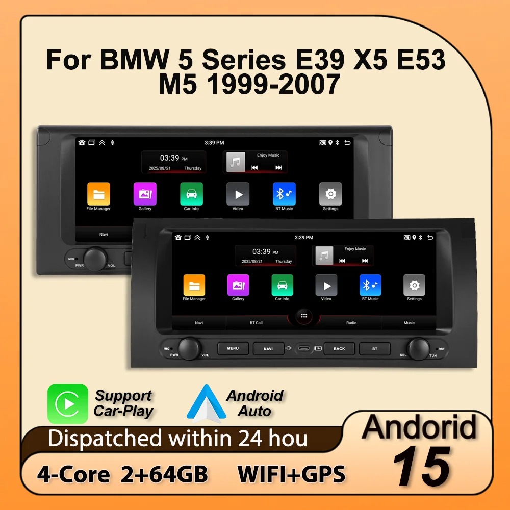 Radio para Auto con Pantalla IPS Android 15 para BMW Serie 5 E39 X5 E53 M5 1999-2007, Carplay, BT, Sistema de Audio Inteligente Multimedia Central