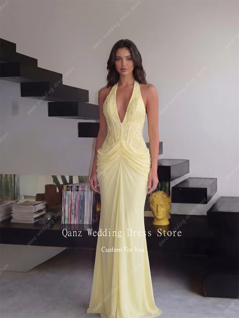 Qanz Light Blue Lace Evening Dresses Sexy Deep V Neck Mermaid Vestidos De Fiesta Chiffon Women Robe De Soirée Customized image 3