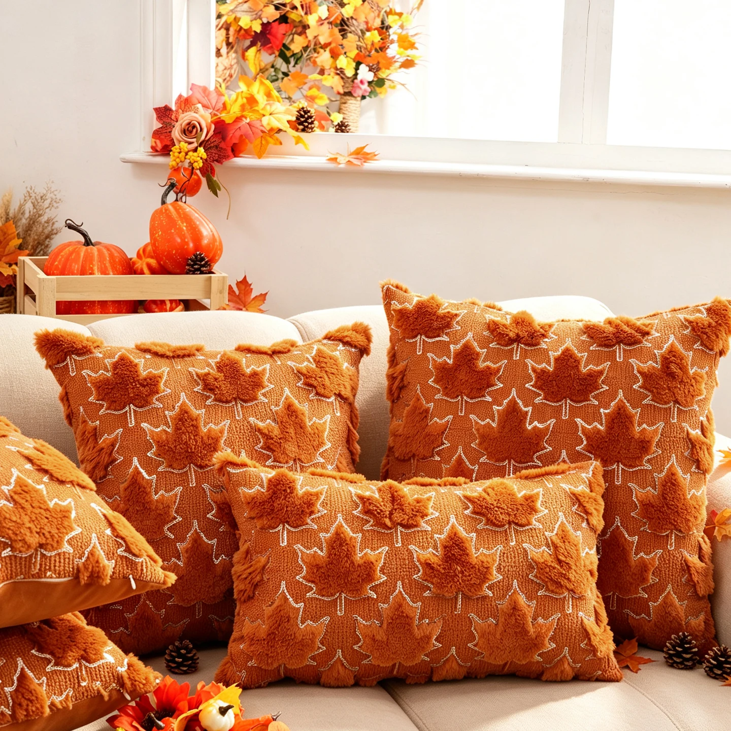 1pc Autumn Caramel Plush 3D Embroidered Sequin Maple Leaf Pillow Cover (No Insert), Harvest Festival Themed, Thanksgiving
