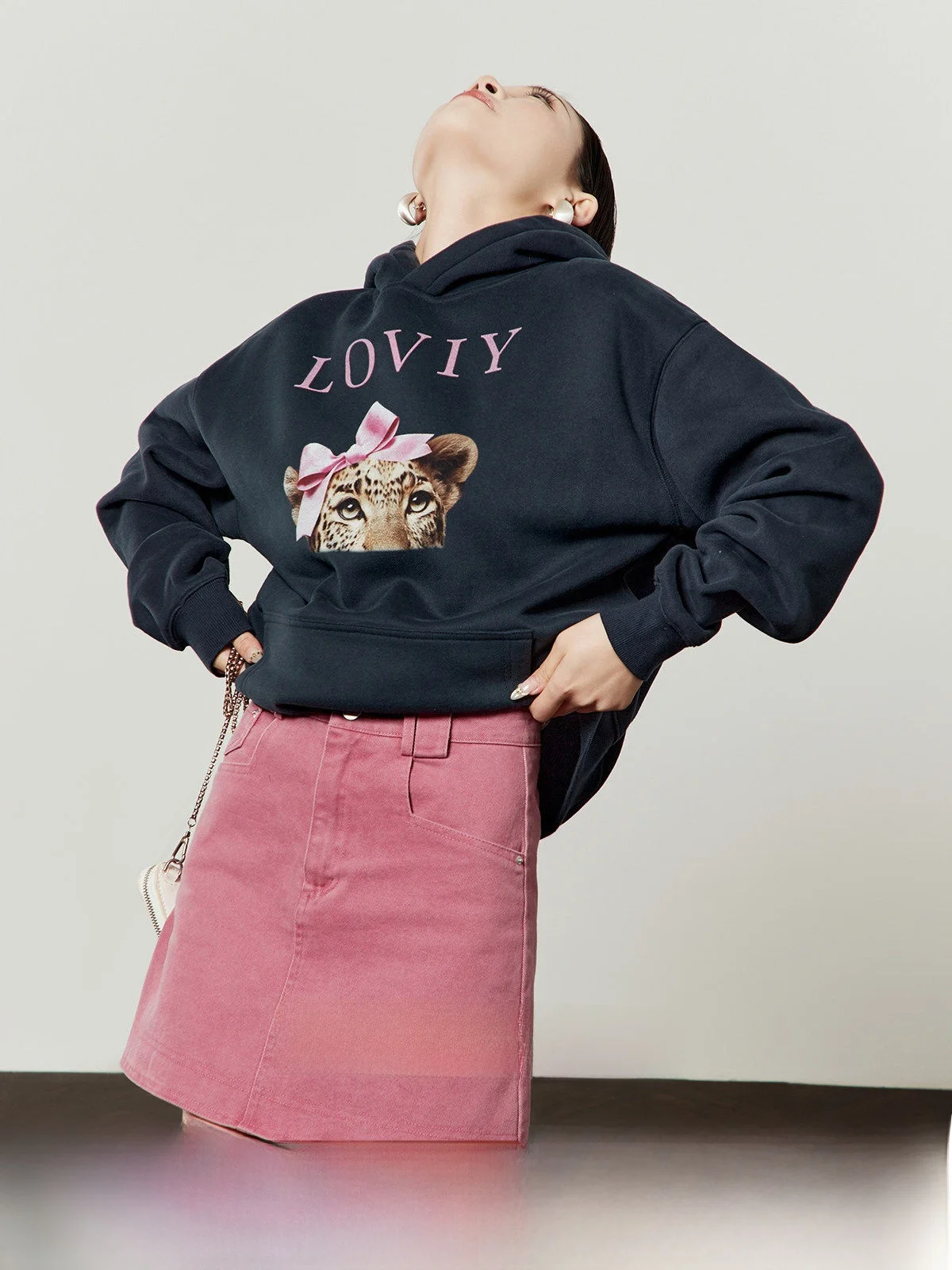 

Blue Fleece-lined Hoodie Women's Casual Style Knot Ear-wearing Spring 2026 New Arrival Comfortable Loose Fit Sweats...