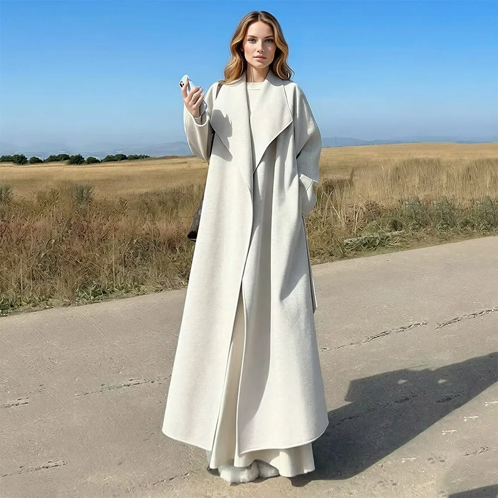 New Women Double-Faced Wool Coat Autumn Winter Fashion Chic Turn-down Collar Loose Waist Simplicity Long Wool Blends Coat