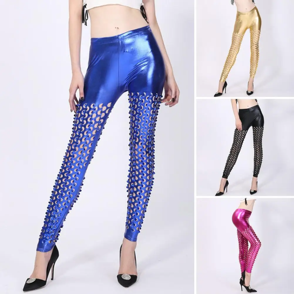 Sexy Hollow Out Leggings Rock Metal Holes Bright Leather Fish Scale Pattern Tight Pants Woman Fashion Cropped Pants 2023 New