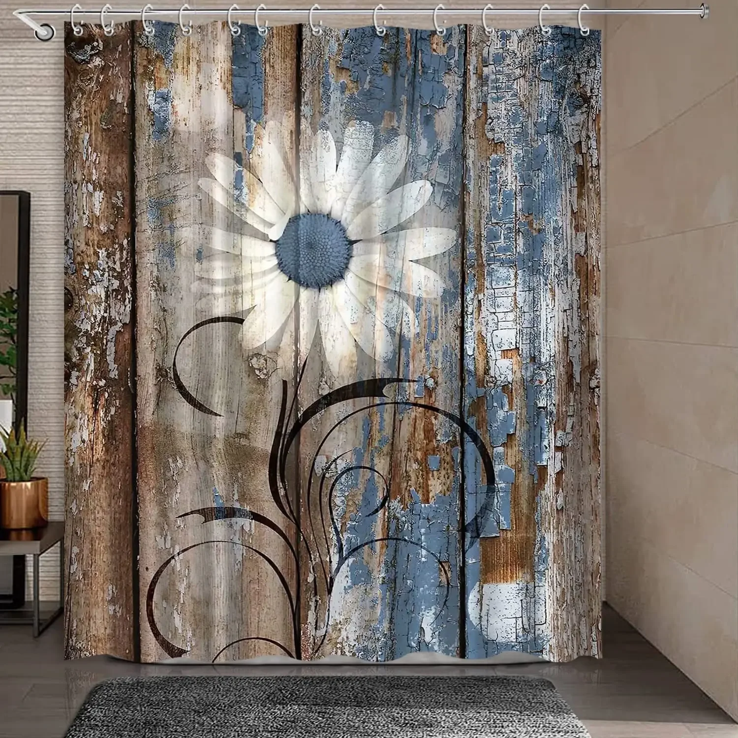 Rustic Shower Curtain Grey Floral Fabric Bath Curtains Butterfly Daisy American Country Farm Style Bathroom Decor with 12 Hooks