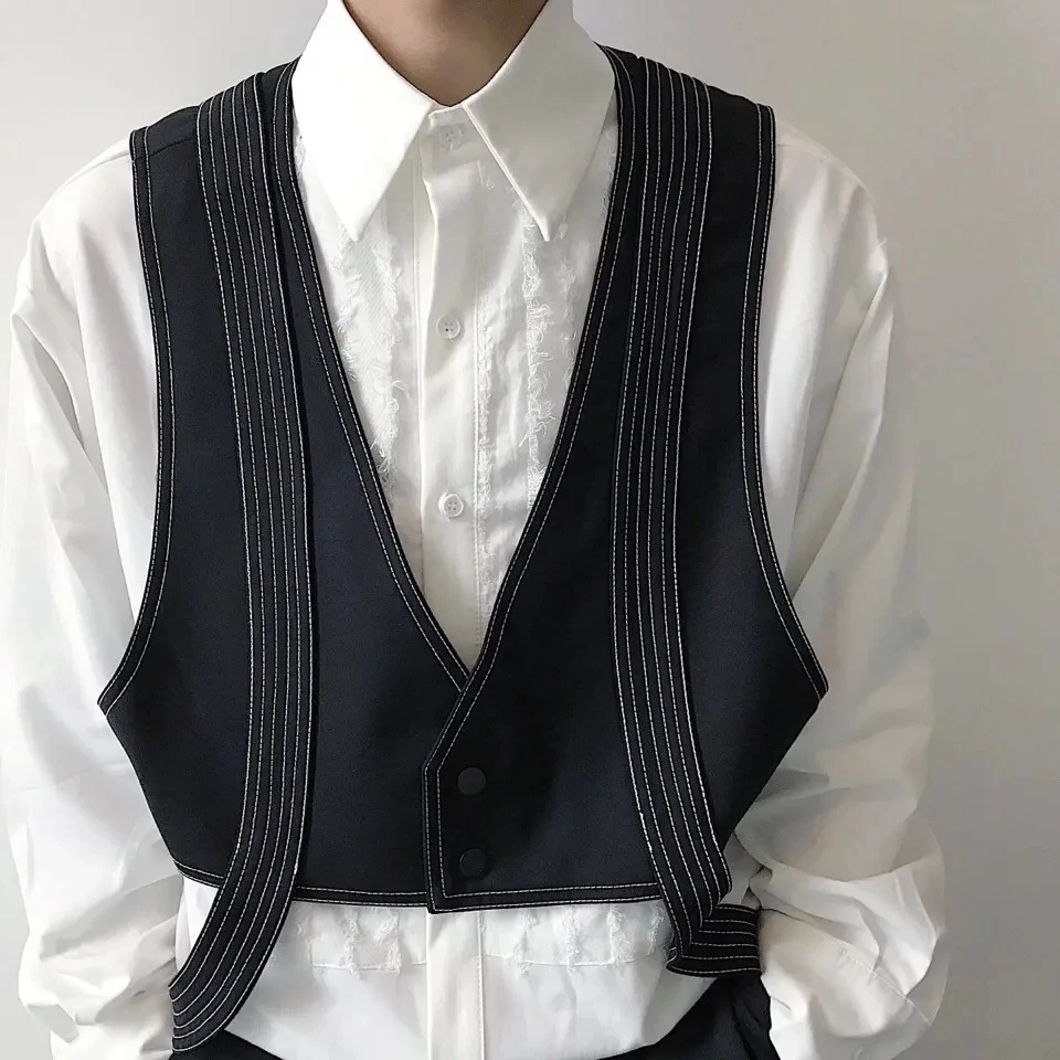 

Black Sleeveless Cargo Jacket Kacket Man Vintage Design Gilets Waistcoat Short Trend Hip hop Male Clothing Korea Fashion Loose