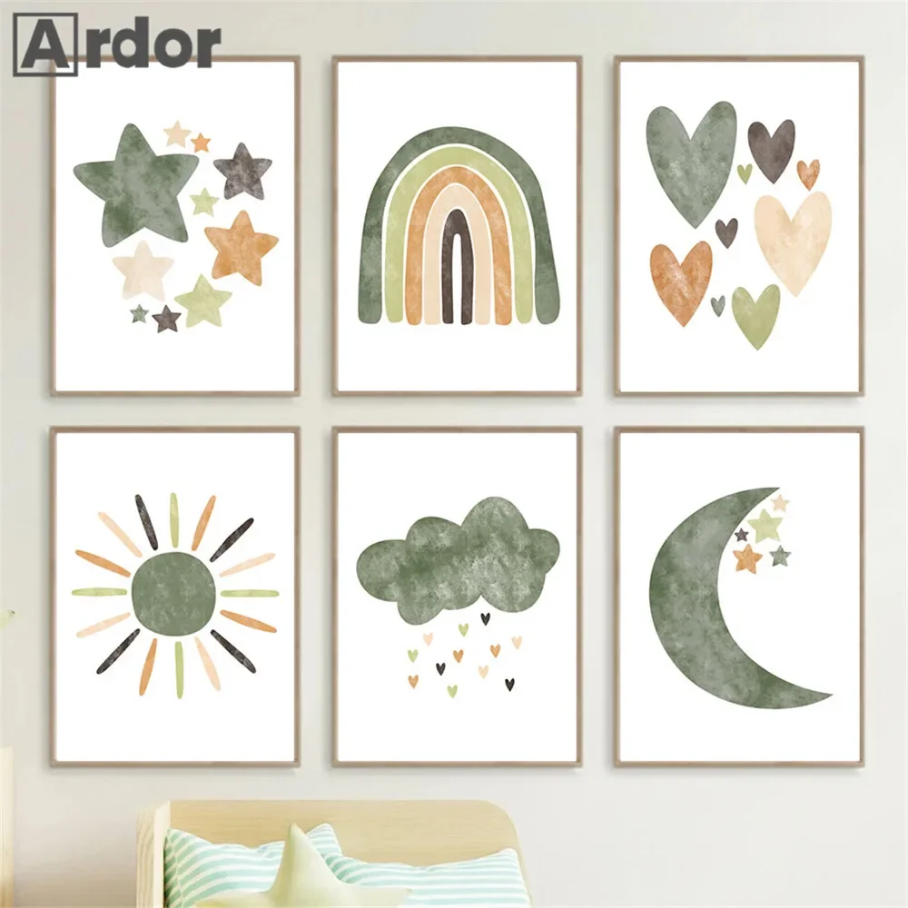 

Boho Green Sun Moon Art Prints Cloud Rainbow Canvas Painting Nursery Posters And Prints Nordic Wall Pictures For Kids Room Decor