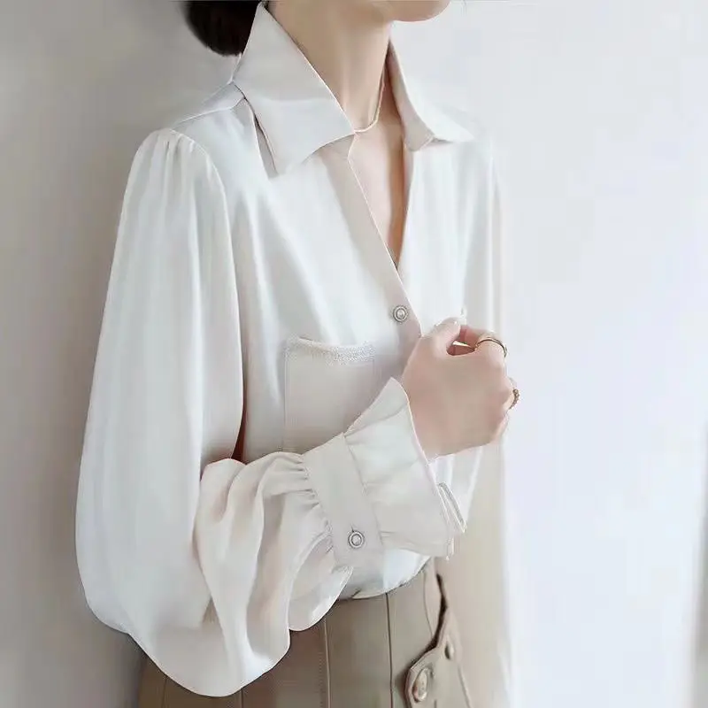 Women Korean Fashion Luxury V Neck Beaded Button Shirts Office Lady Elegant Commute Blouses Solid Long Sleeve Loose Chic Tops