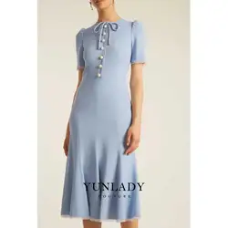 YUNLAN Light Blue Round Neck Skirt Elegant Lady Classmate Gathering Gown Short Fishtail Skirt Suitable For Graduation Ceremony