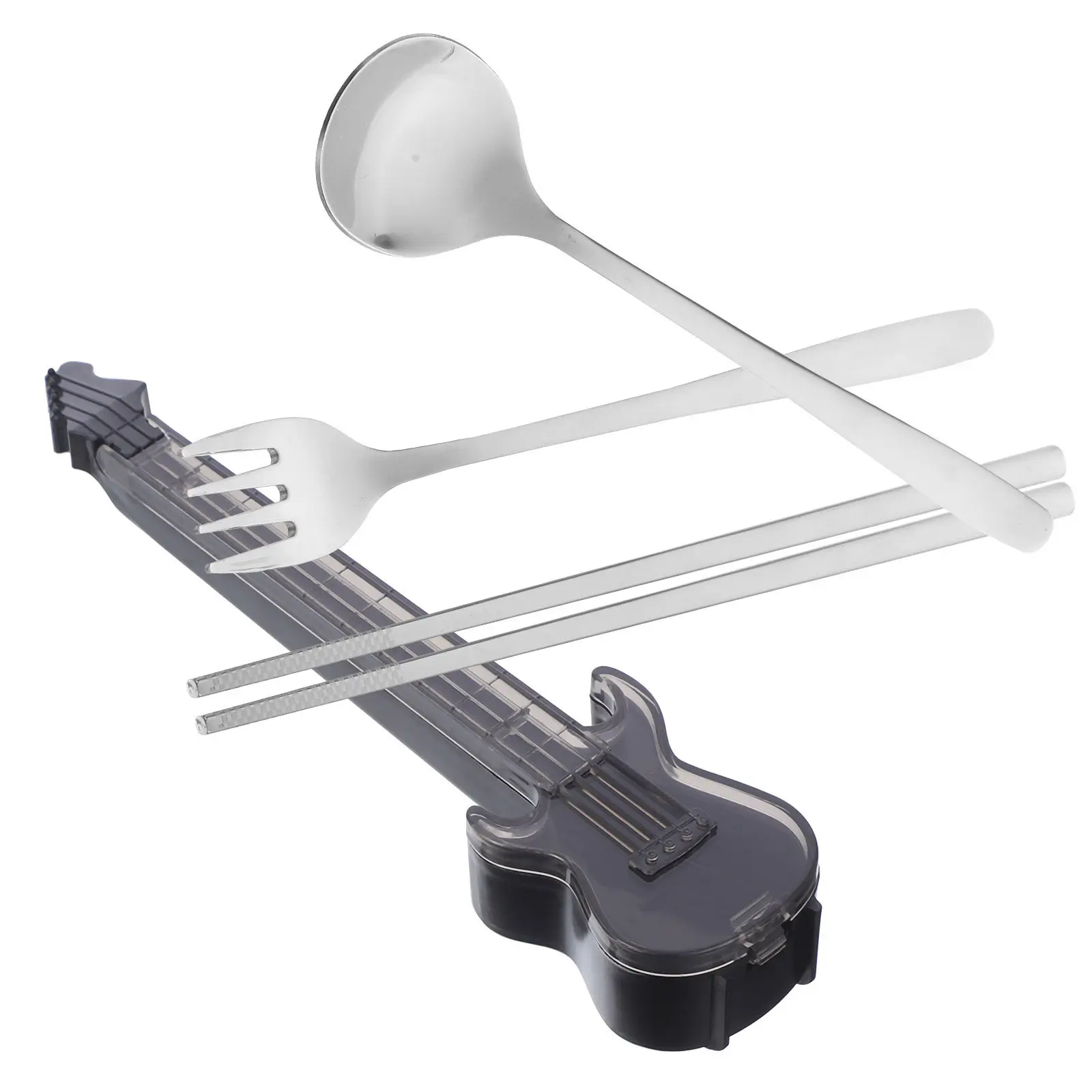 Portable Guitar Shaped Lunch Box Set with Spoon Fork Chopsticks Reusable Travel Utensils Case for Picnics