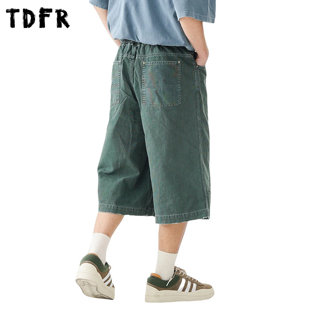 Retro Solid Color Carpenter Shorts Mens Safari Style Summer Elastic Waist Loose Wide Leg Cargo Short Pants Men