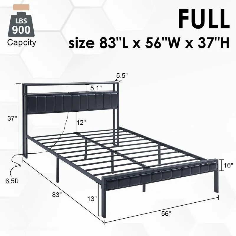 Rangka tempat tidur Platform, rangka tempat tidur LED dengan kulit PU & stasiun pengisian, Headboard penyimpanan 2 tingkat/tanpa kotak pegas diperlukan/bebas kebisingan