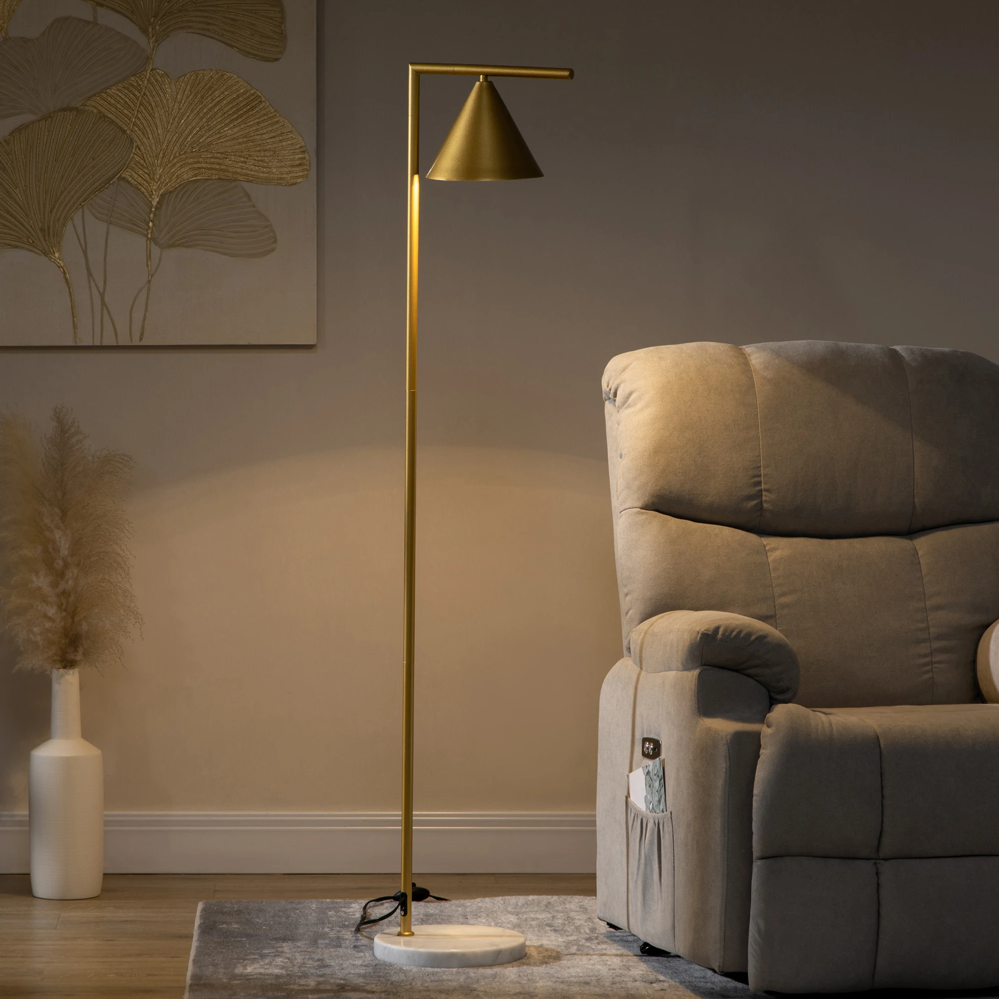 HOMCOM lampvoet woonkamer 40W, Golden Steel voetvloerlamp, conische lampenkap, marmeren voet, cm hoogte, sal