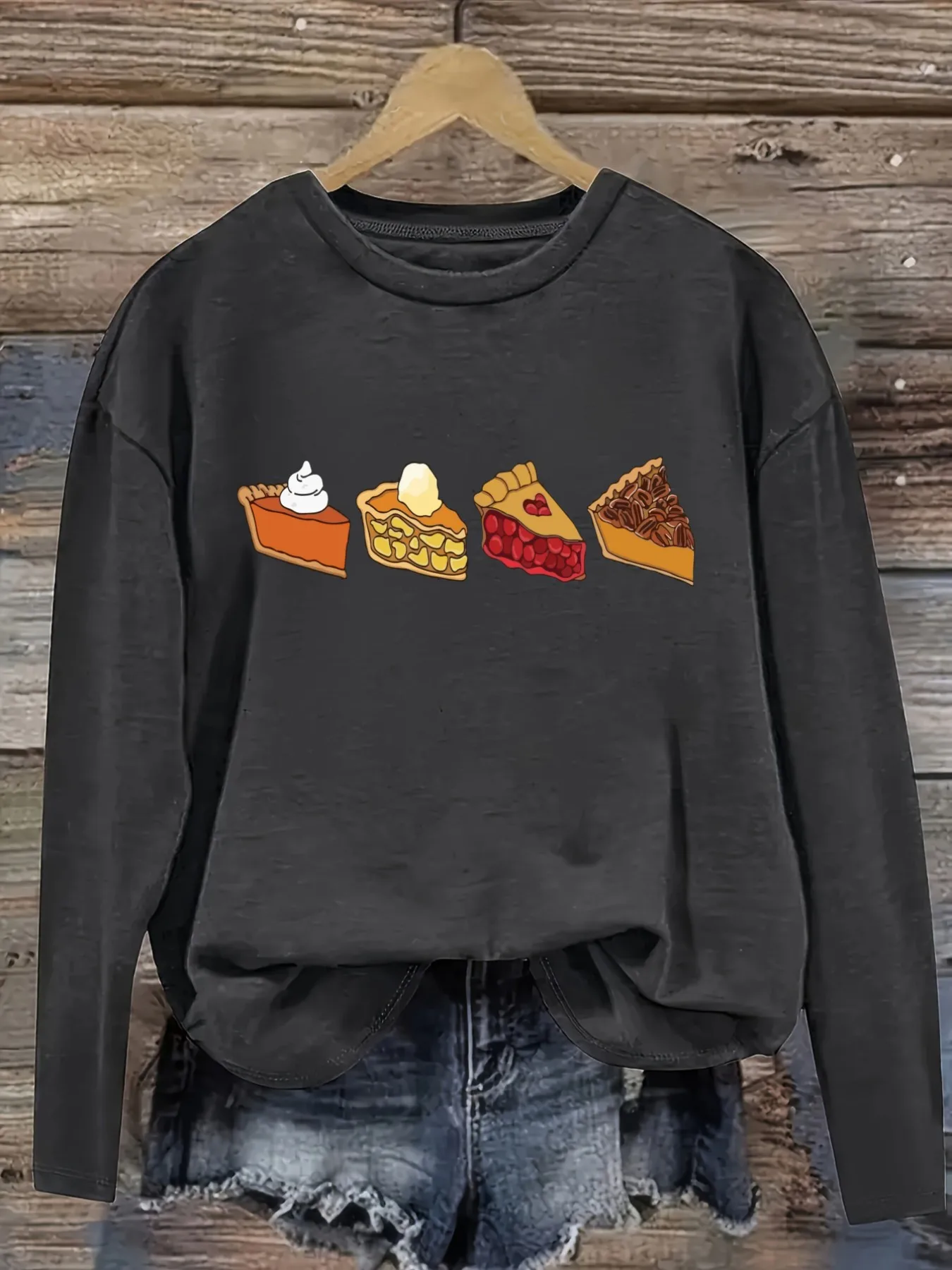 Women's Casual Long Sleeve Crew Neck T-Shirt Four Pie Slices Printed Design Design, Round Neck Women's Clothing, Machine Washable, Slightly Elastic, Loose Fit, Spring Autumn Winter Women's T-Shirt, Halloween Costume Outfit view 2