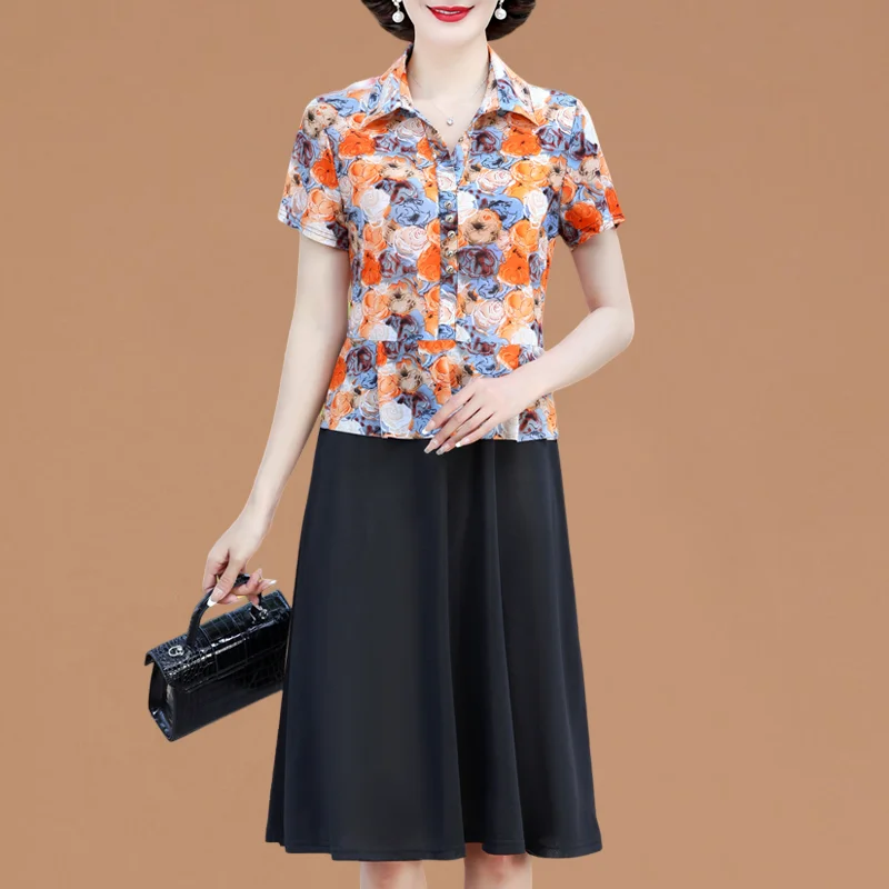 

Summer Dress for Mom Midlife Large Size Cover Belly Fake Two-Piece Set Knee-Length Women's Dress Breathable Loose Fit Floral ...