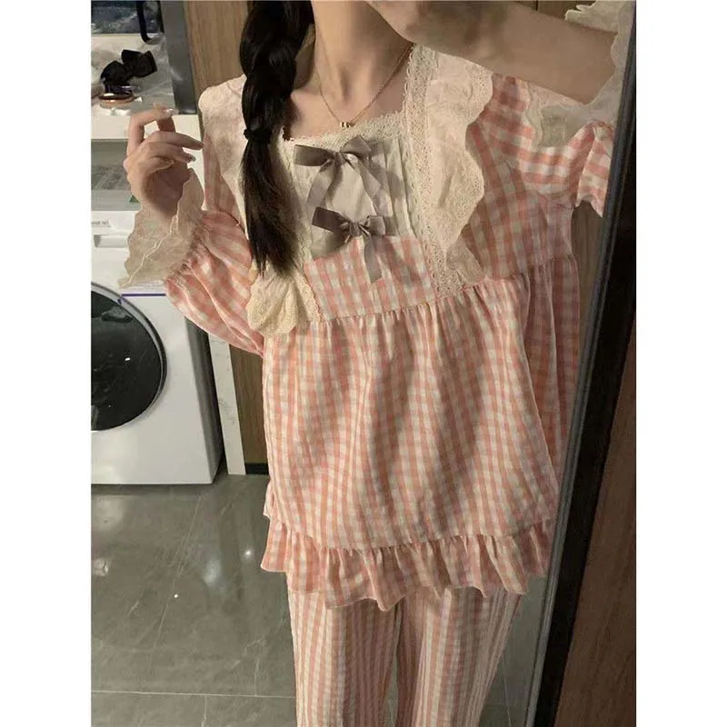 Lace Women Pajamas Set for Home Plaid Ruffles Sleepwear Long Sleeve Pants Suit 2 Pieces Autumn Korean Square Collar Night Wears