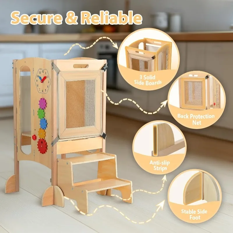 New.Toddler Tower، مساعد مقعد مطبخ للأطفال الصغار قابل للطي مع مقعد بخطوتين، مقعد خشبي للأطفال الصغار مع شبكة أمان #4