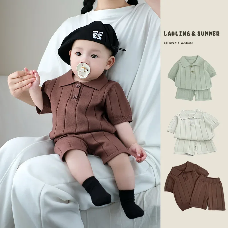 

2025 Summer Dress Boys' Set Knitted Sweater Collar Pullover for Infants Young Children Versatile Pit Strip Bottom Knitted Pants