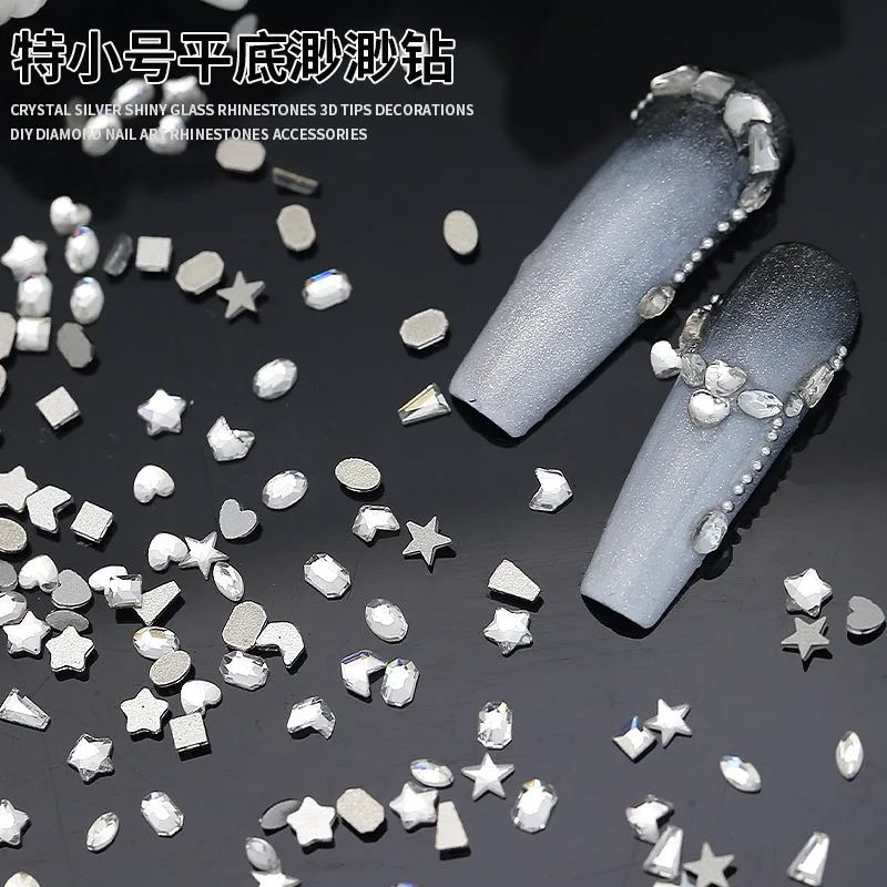 100PCS Glitter Tiny Small White Diamond Flatback Mini Gems Star Love Square Nail Art Rhinestones Decorations Manicure XXS Charms