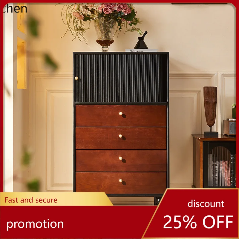 YFY Solid Wood Chest of Drawers Black Roller Shutter Cabinet Door Storage Furniture Bed End Storage