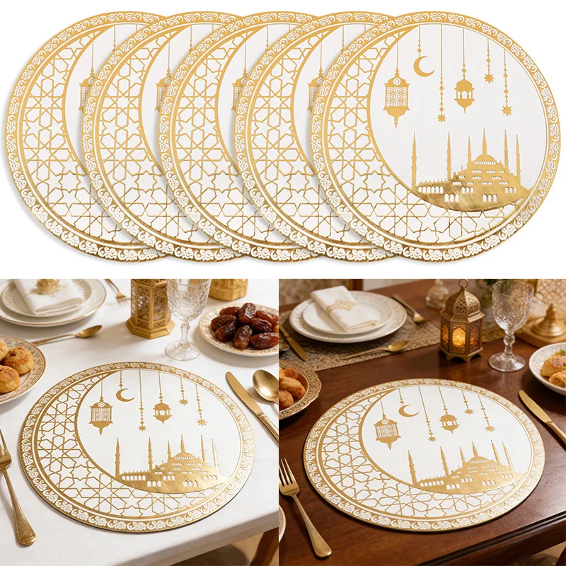 Eid Mubarak Tischsets Ramadan PVC Gold Mond Platzdeckchen für Islamische Muslimische Festdekoration Ramadan Kareem Tisch- und Heimdekoration