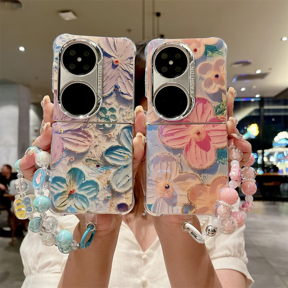 Jewelled Oil Painting Flowers Pattern Phone Case For HuaWei P50 Pocket 2 Bracelet Protective PC Hard Shell Back Cover