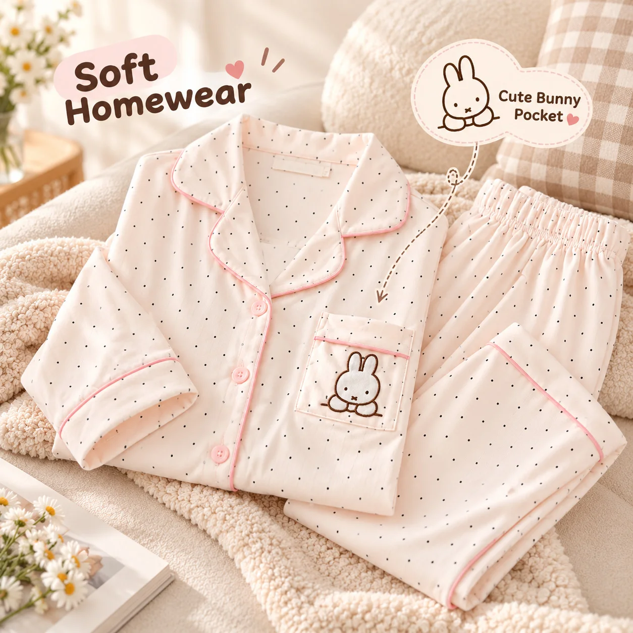 Miffy Rabbit Women Pajama Set Built-in Bra Pads Long Sleeve Long Pants Kawaii Cartoon Sleepwear Soft Loungewear Two Piece Set