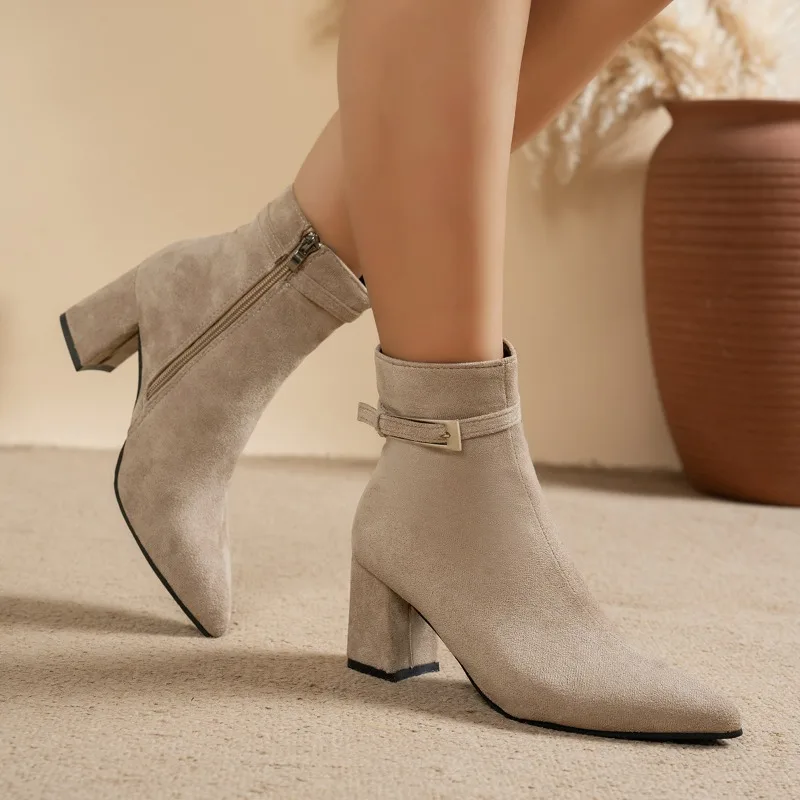 Vintage Women Suede Pointed Toe Ankle Boots Buckle Strap Comfortable Work Heels Side Zipper Shoes Ladies Daily Short Boots