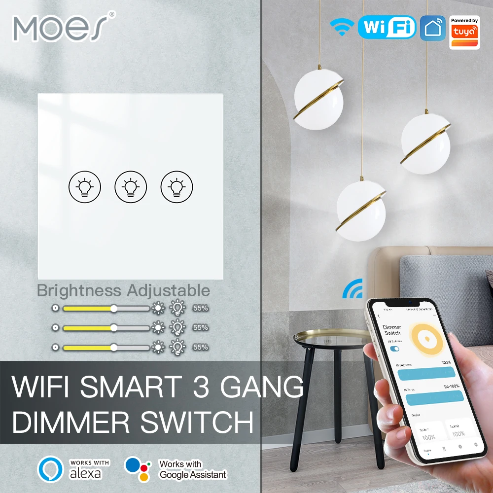 Moes WiFi Light Dimmer Switch brightness Wireless Control Smart Life/Tuya APP Light Mode New Alexa Google Voice 1/2/3 Gang EU