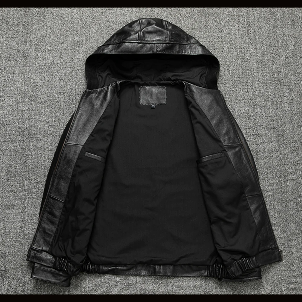 shipping.Dropship.sales Free men genuine hoody.Plus size black cowhide coat.quality outdoor fashion leather jacket.